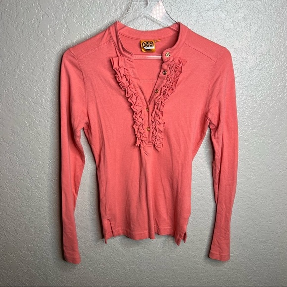 tory Burch, long sleeve ruffle, half button up blouse - Picture 2 of 8